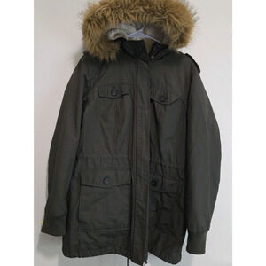 Levis Hooded Jacket Womens Size L Green Winter Coat Faux Fur Hood Fleece Lined